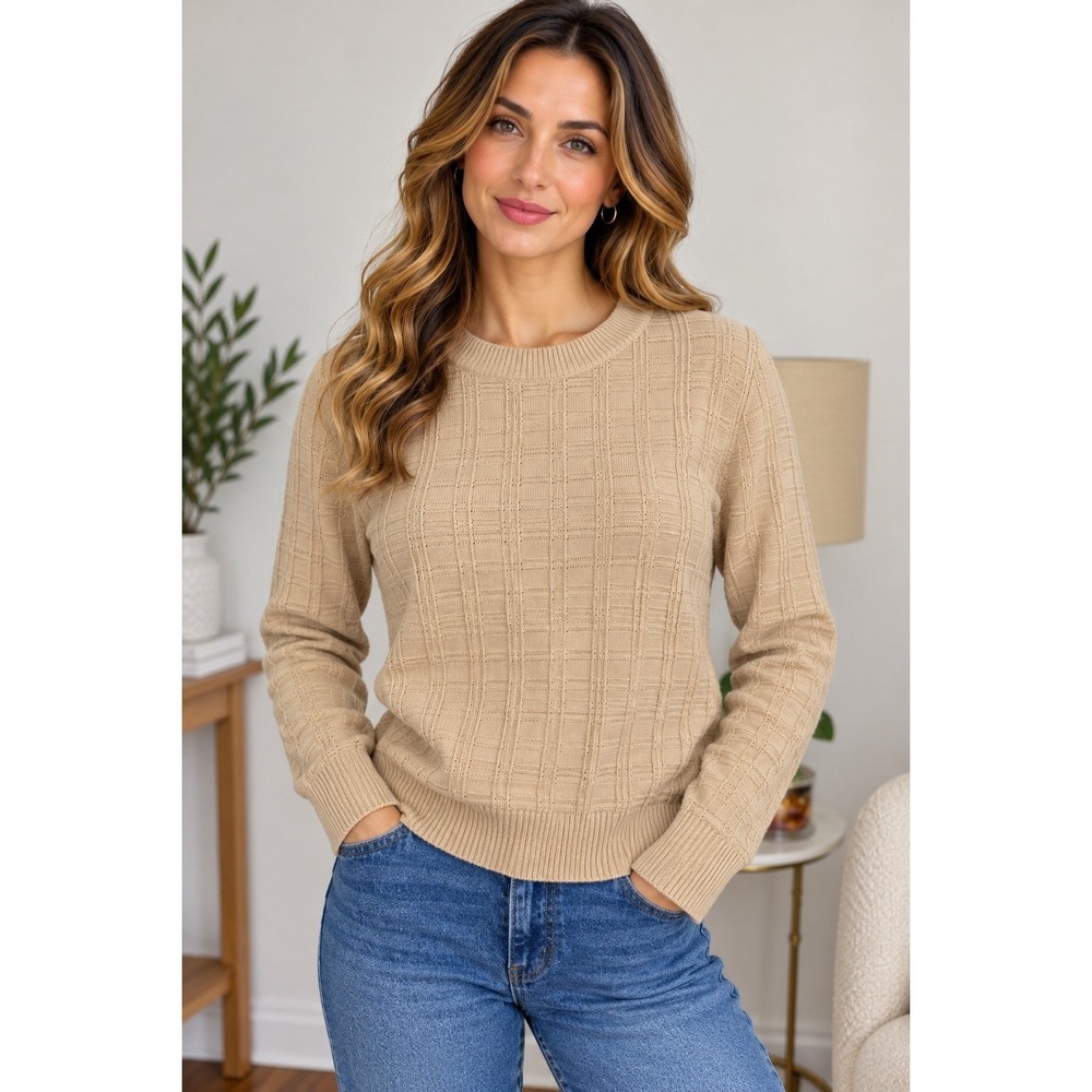 Veeko Tan Beige Textured Grid Crew Neck Long Sleeve Sweater Size Small